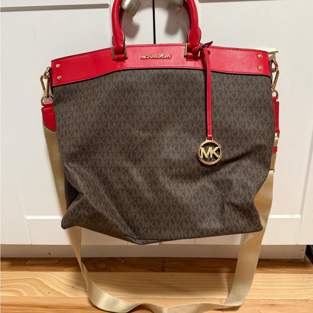 Michael Kors Red and Brown Tote Bag with Monogram Print